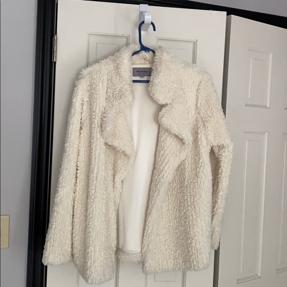 Melody white fuzzy faux fur jacket.